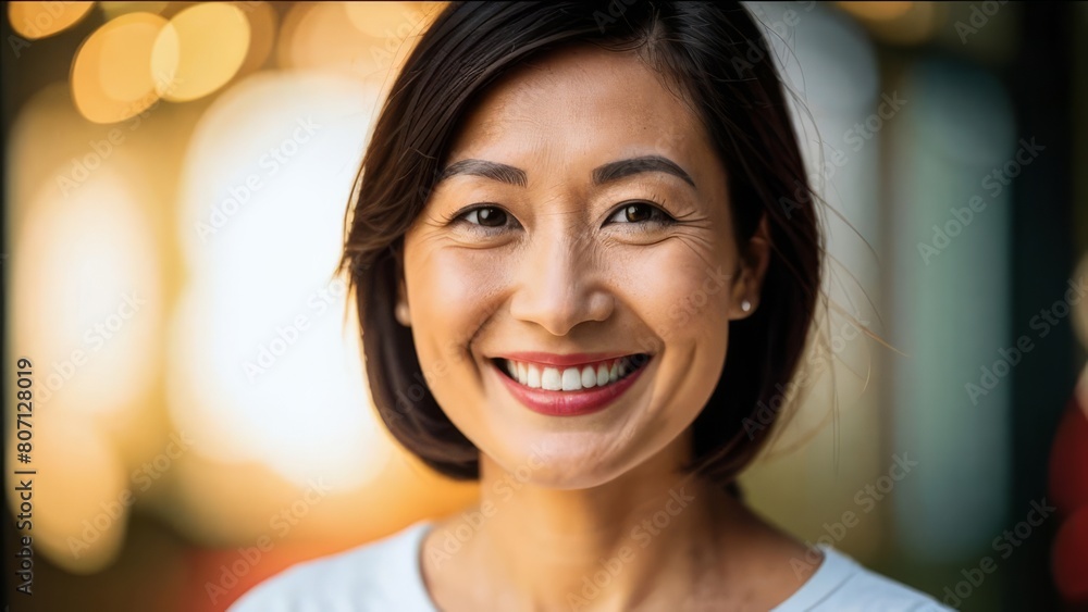 Cute Asian woman is smiling against a blurry background. Cute Asian woman is smiling against a blurry background.