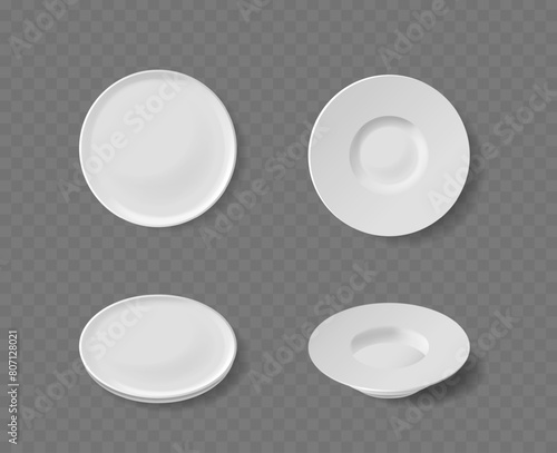 Assortment Of White Plates And Utensils Top Or Angle Views Isolated On Transparent Backdrop, For Kitchenware Marketing