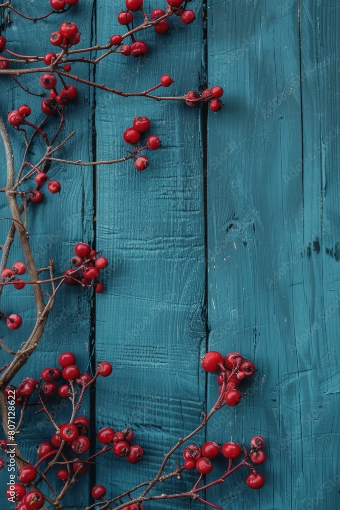 Vibrant Red Berries on Rustic Blue Wooden Background