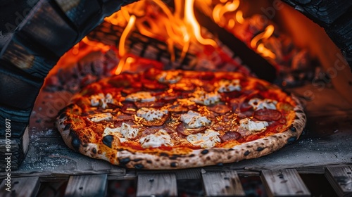 Close up delicius pizza in firewood oven with flame behind