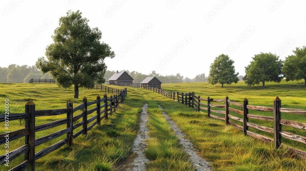 A rural scene with a dirt road and a fence