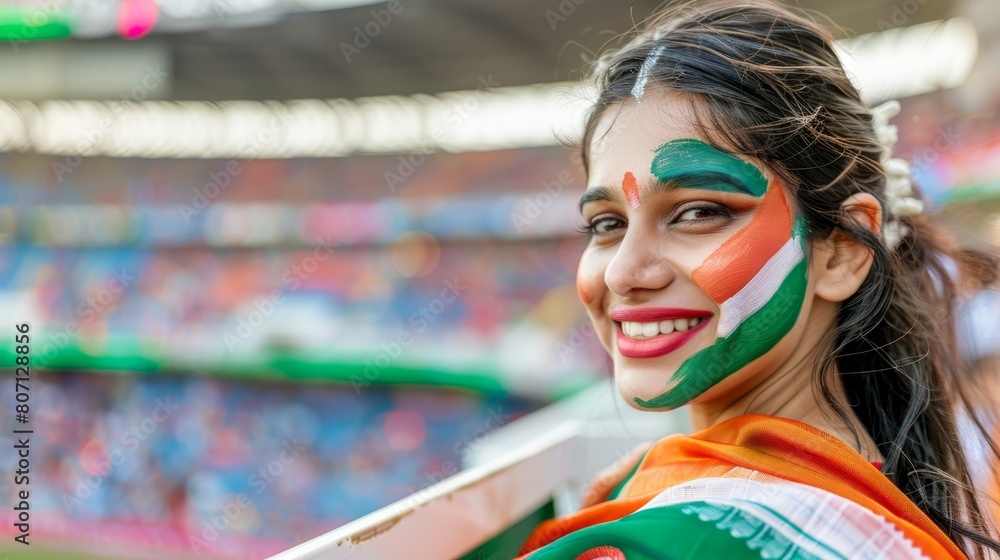 A woman adorns her face with hues from the Irish and Indian flags at a sports event in the stadium A woman adorns her face with hues from the Irish and Indian flags at a sports event in the stadium