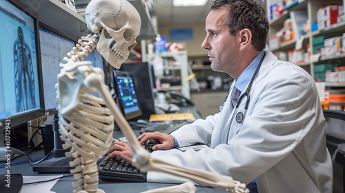 A doctor is using a computer in a medical office. There is a skeleton model behind them.