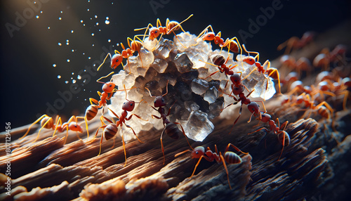 Ants Working Together to Collect Rock Salt Crystals in a Stunning Macro Shot photo