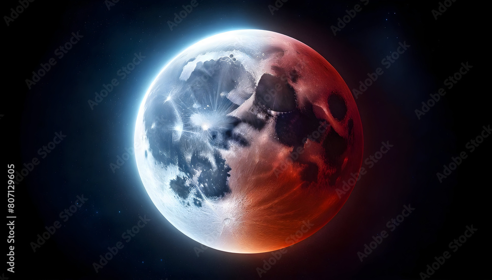 Fototapeta premium Stunning Lunar Eclipse Showing Half-Red Blood Moon and Half-Blue Moon in Space