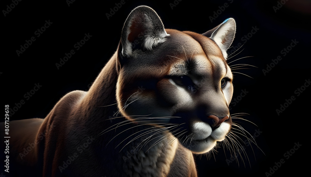 Close-Up Portrait of a Puma in Dramatic Lighting Against Dark Background