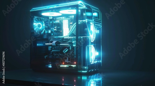 A flashy gaming computer in the dark. It has a shiny case, monitor, and keyboard. It's a desktop computer for playing games. The electronic parts in the computer's case glow with neon lights.