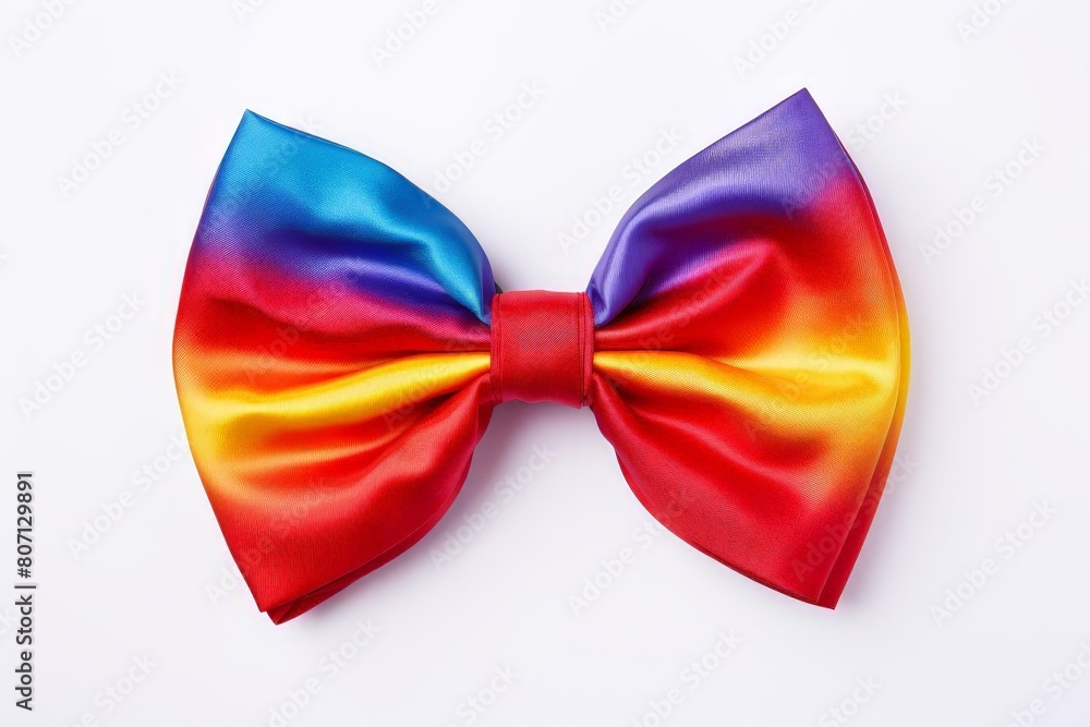 Vivid rainbow ribbon formed into a bow, spotlighted and isolated on a stark white backdrop for Pride celebrations Vivid rainbow ribbon formed into a bow, spotlighted and isolated on a stark white backdrop for Pride celebrations