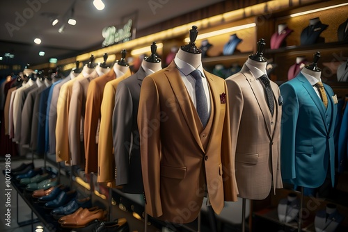 a lineup of bespoke men's suits arranged in an elegant boutique