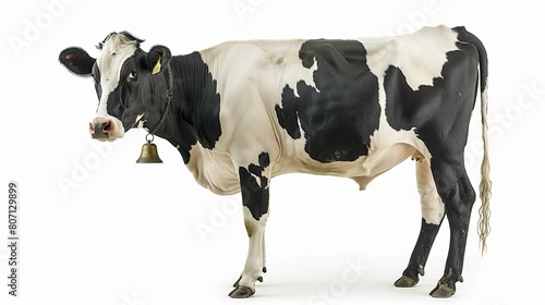 Side view illustration of a black and white cow with a bell  isolated against a white background.