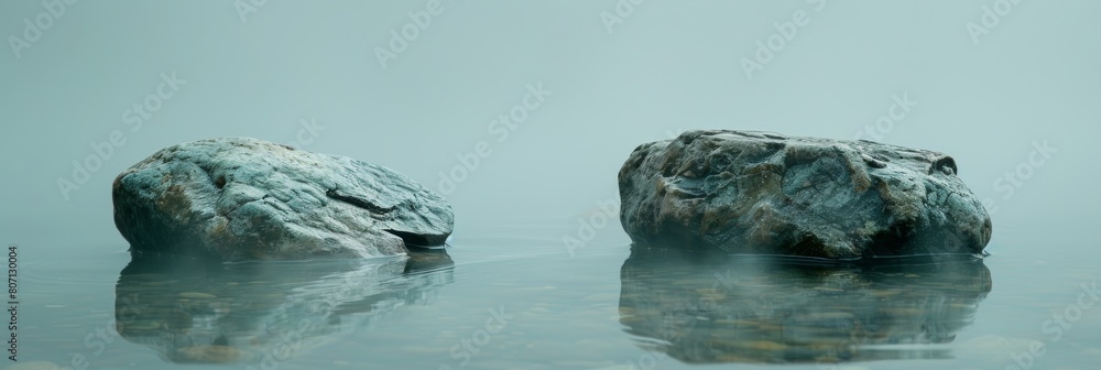Serene and minimalist landscape of two frost-covered rocks reflected in calm waters under a tranquil blue sky Serene and minimalist landscape of two frost-covered rocks reflected in calm waters under a tranquil blue sky