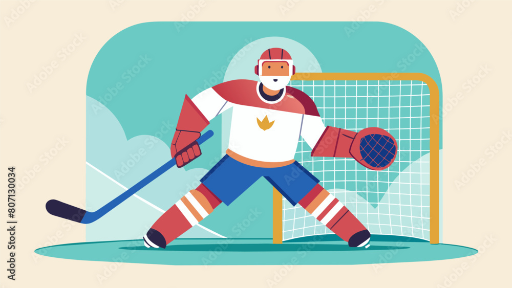 A disciplined defender maintains their position in the crease preventing any shots from making it past them into the goal.. Vector illustration A disciplined defender maintains their position in the crease preventing any shots from making it past them into the goal.. Vector illustration