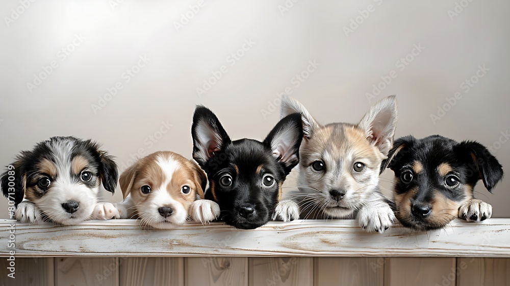 Two kittens and three puppies, lying down with their chins resting on a wooden surface Two kittens and three puppies, lying down with their chins resting on a wooden surface