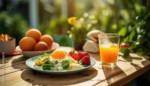 A plate containing sunny side up eggs  toast  and bacon  alongside a glass of freshly squeezed orange juice on a wooden table