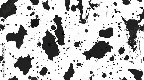 Vector design illustration presenting a cow texture pattern, featuring random bovine spots hand-drawn to create a farm animal textural banner.