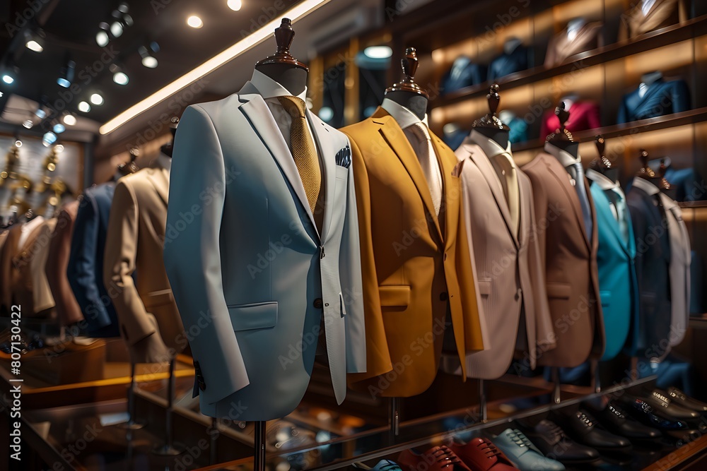 a lineup of bespoke men's suits arranged in an elegant boutique a lineup of bespoke men's suits arranged in an elegant boutique