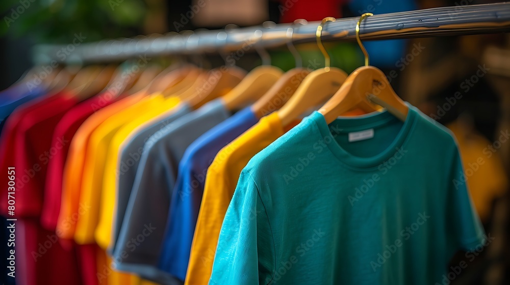 Obraz premium a vibrant and colorful selection of t-shirts hanging neatly in a row on wooden hangers