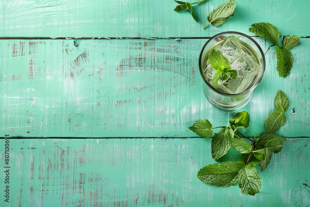 Obraz premium Refreshing Mint Infused Water on Rustic Turquoise Wooden Background