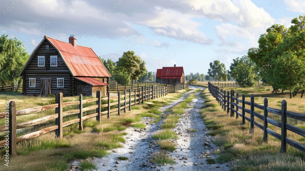 A red barn sits in a field with a dirt road leading to it A red barn sits in a field with a dirt road leading to it