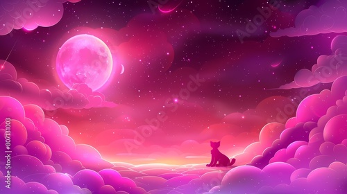   A cat atop a cloud-covered hillside beneath a purple sky, adorned with stars and a full moon photo