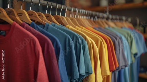Wallpaper Mural a vibrant and colorful selection of t-shirts hanging neatly in a row on wooden hangers Torontodigital.ca
