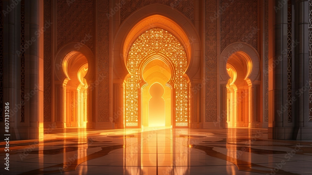 Ethereal sunrise through an ornate Islamic archway symbolizing hope and new beginnings in a serene setting