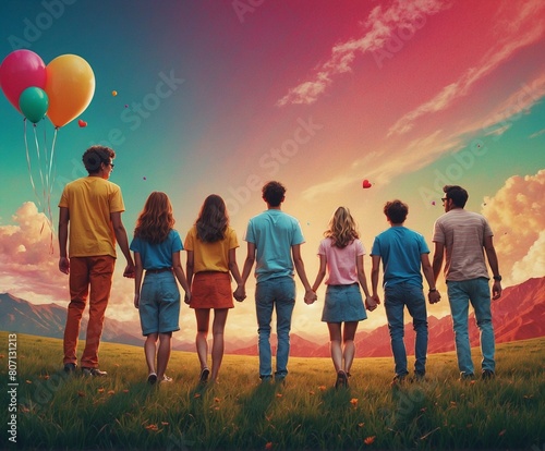 Friendship Day is a group of people holding hands and one of them has a sky in the background