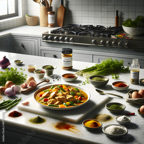 Marshallese Chicken Curry Preparation on White Marble Counter photo