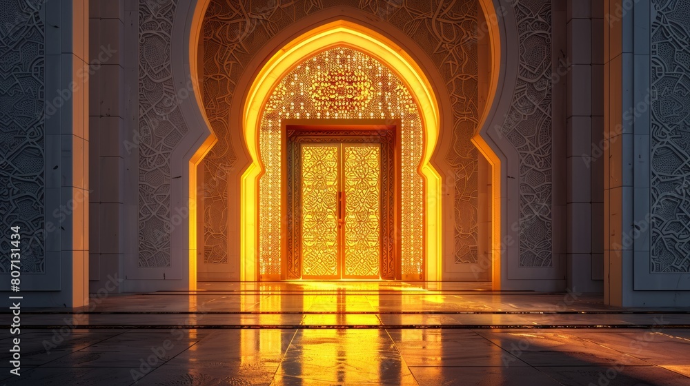 Captivating golden Islamic doorway illuminated by ethereal light radiating warmth and mystique