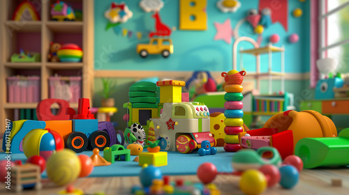 Educational toys scattered in a colorful nursery room, with toddlers engaging in learning through play, focusing on development and fun3D vector illustrations