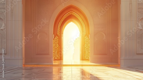 Ethereal sunrise through an ornate Islamic archway symbolizing hope and new beginnings in a serene setting