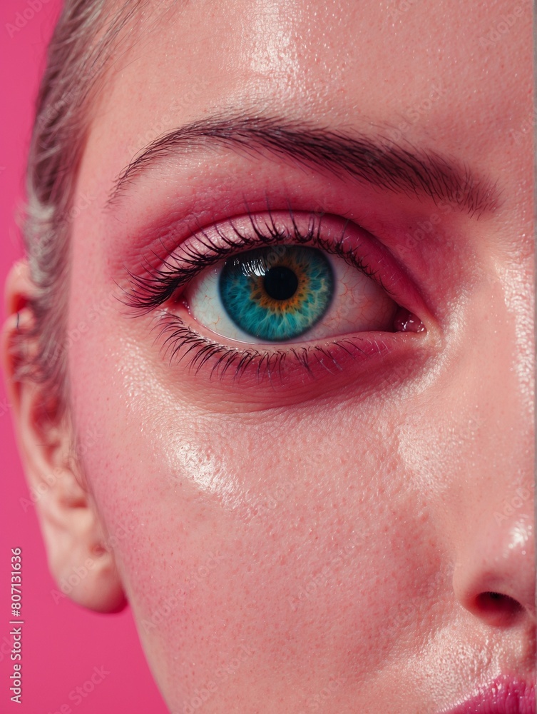 Obraz premium a woman with a blue eye and a pink eye with a pink eye