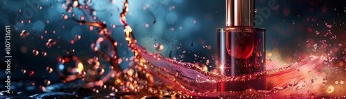 Serums luxuriously captured amidst a flying cosmetic explosion, showcased in a premium luxury background with a futuristic color, perfectly sharpened for cinematic appeal photo