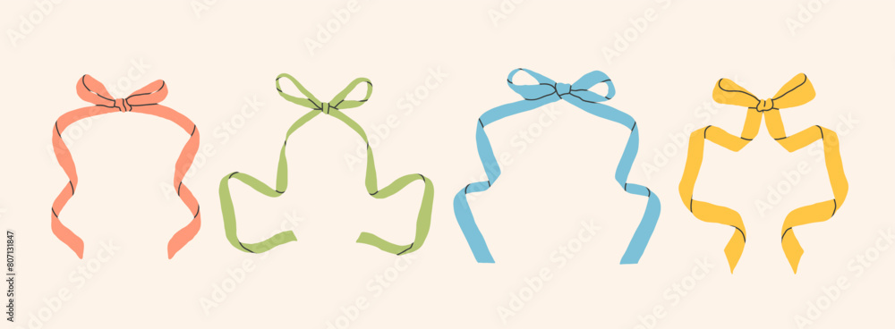 Set of various Bow knots, tie ups, gift bows. Hand drawn Vector illustration. Isolated colorful design elements. Wedding celebration, holiday, party decoration, gift, frame, border, present concept