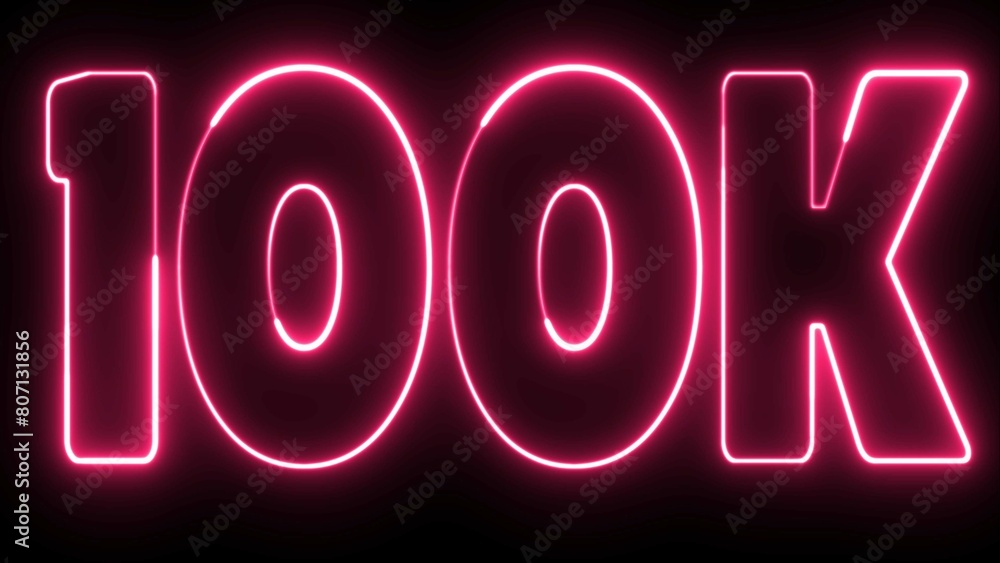 100k text font with light. Luminous and shimmering haze inside the letters of the text 100k. 100 k neon sign. One hundred thousand neon sign. 100k text font with light. Luminous and shimmering haze inside the letters of the text 100k. 100 k neon sign. One hundred thousand neon sign.