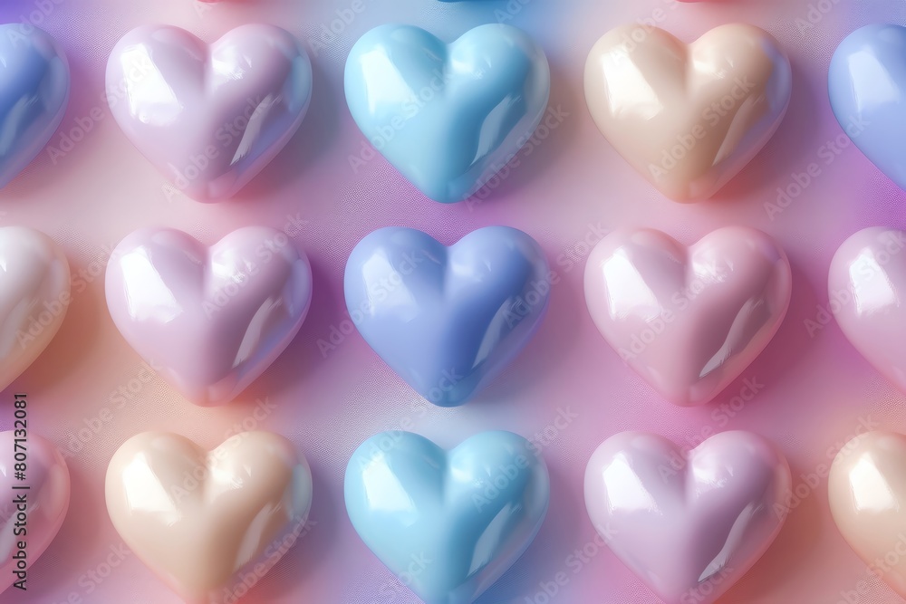 3D rendering of a repeating pattern of pastel-colored hearts 3D rendering of a repeating pattern of pastel-colored hearts