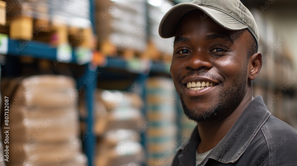 Cheerful young warehouse distribution and delivery logistics centre male manager worker at work smiling at camera Cheerful young warehouse distribution and delivery logistics centre male manager worker at work smiling at camera