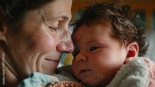 A mother gazes lovingly at her newborn baby  her eyes filled with joy. This intimate moment captures the essence of motherhood and the bond between a parent and child.