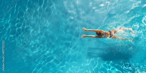 A high-angle shot of a woman diving with grace into a shimmering, clear blue swimming pool on a sunny day