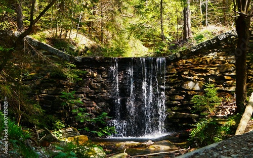 Górski wodospad w lesie. Czysta górska woda spływa po murze z kamieni.