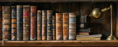 A closeup image of an antique wooden bookshelf filled with classic leatherbound books, with a vintage brass lamp illuminating the titles