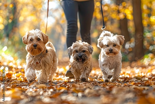 an autumnal scene with a person walking three happy dogs of varying breeds along a tree-lined park path