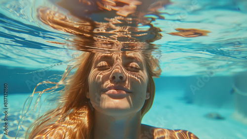 Portrait of a young woman swimming underwater in a swimming pool.