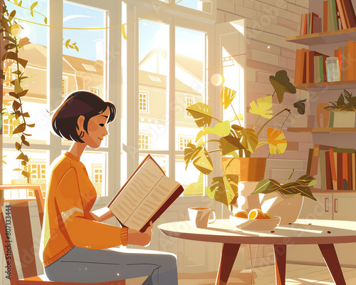 Lifestyle happiness portrayed through a sunny breakfast nook, a person enjoying a quiet morning with coffee and a book3D vector illustrations