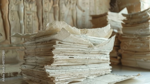 stacks of ancient papers. with ancient reliefs in the background