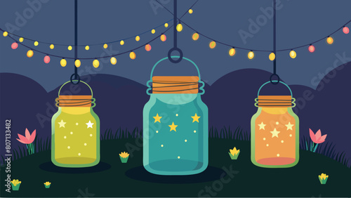 A set of repurposed mason jar lanterns perfect for outdoor gatherings.. Vector illustration