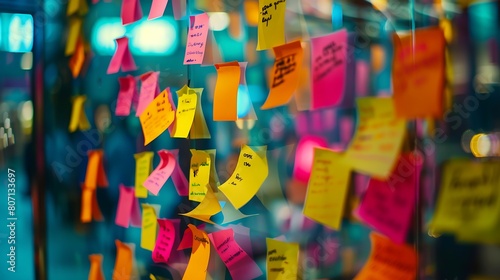 a busy and colorful brainstorming session: a glass wall covered in a vibrant array of sticky notes photo