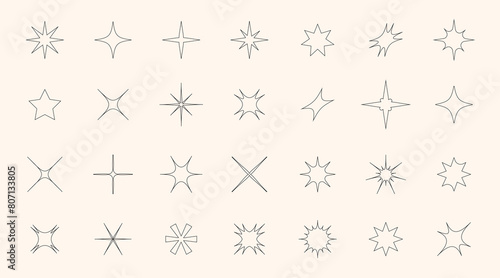 Set of line star shapes. Retro futuristic sparkle icons collection. Vector set of Y2K style. Magic symbols with shine effect. Modern abstract objects isolated on white background