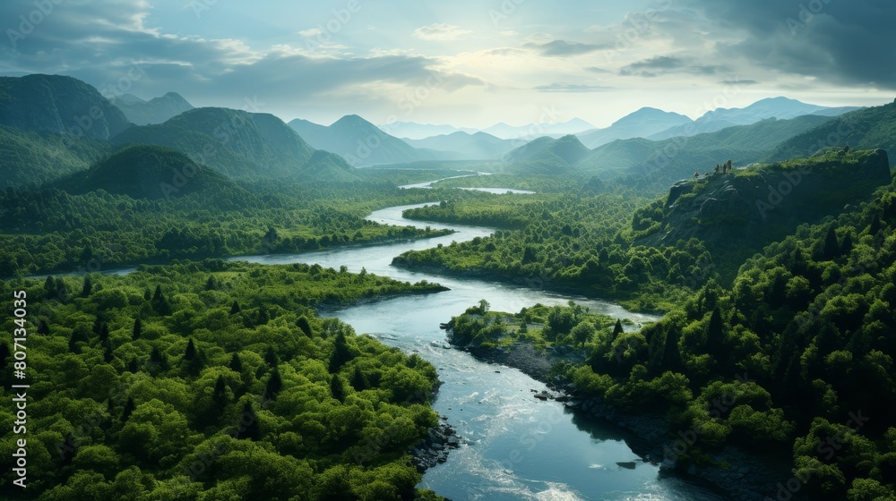 A serene river winding through a dense forest, captured from above, showing the rivers journey and the lush greenery surrounding it
