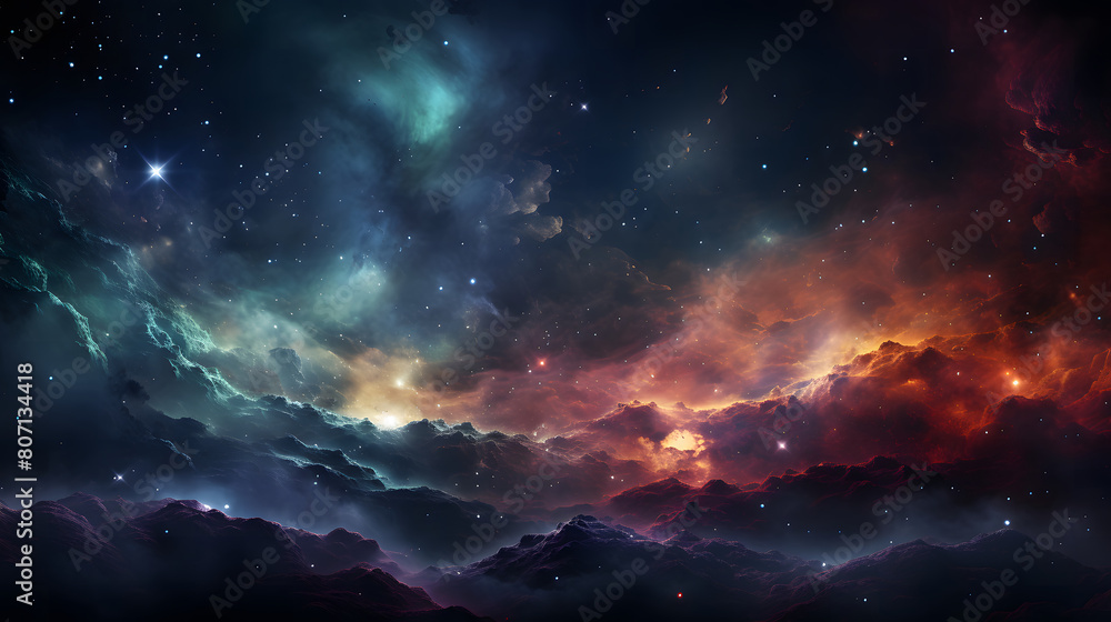 A breathtaking digital artwork of vibrant cosmic clouds and stars shining above a dark, rugged mountain landscape, evoking a sense of wonder and mystery